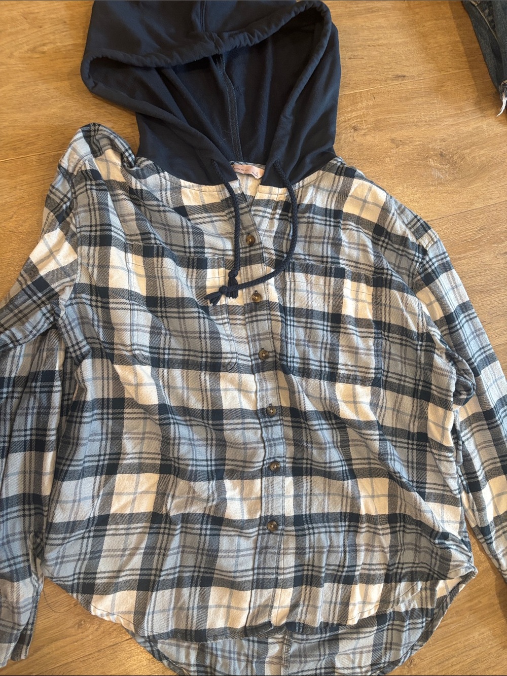 SO Navy and Cream Plaid Hooded Shirt Jacket